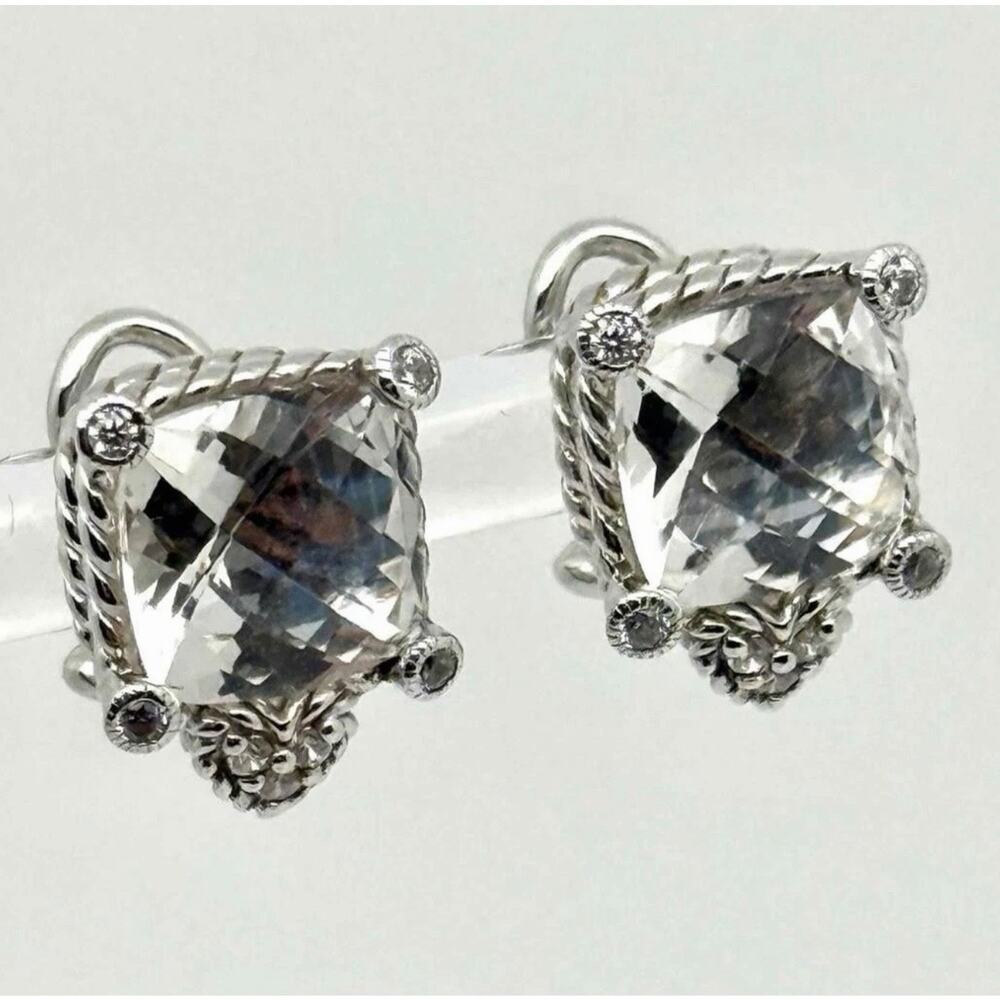 Judith Ripka Sterling Silver Square Clear Stone Omega Comfort Back Post Earrings - Picture 1 of 5